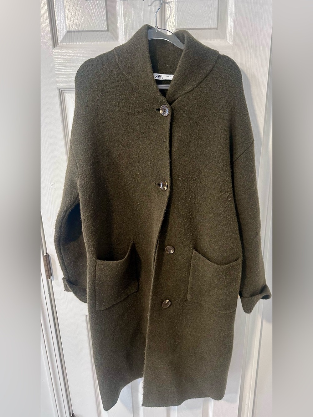Zara Dark Olive Green Wool-Blend Button Front Coat